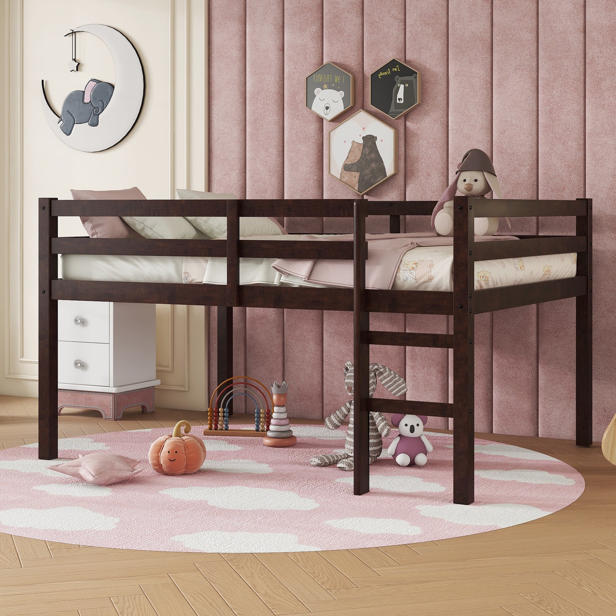 PAPROOS Twin Loft Bed with Ladder, Low Height Solid Wood Loft Bed Frame, Loft Bed with Guardrails and Storage Space Underneath, No Box Spring Needed, Pink
