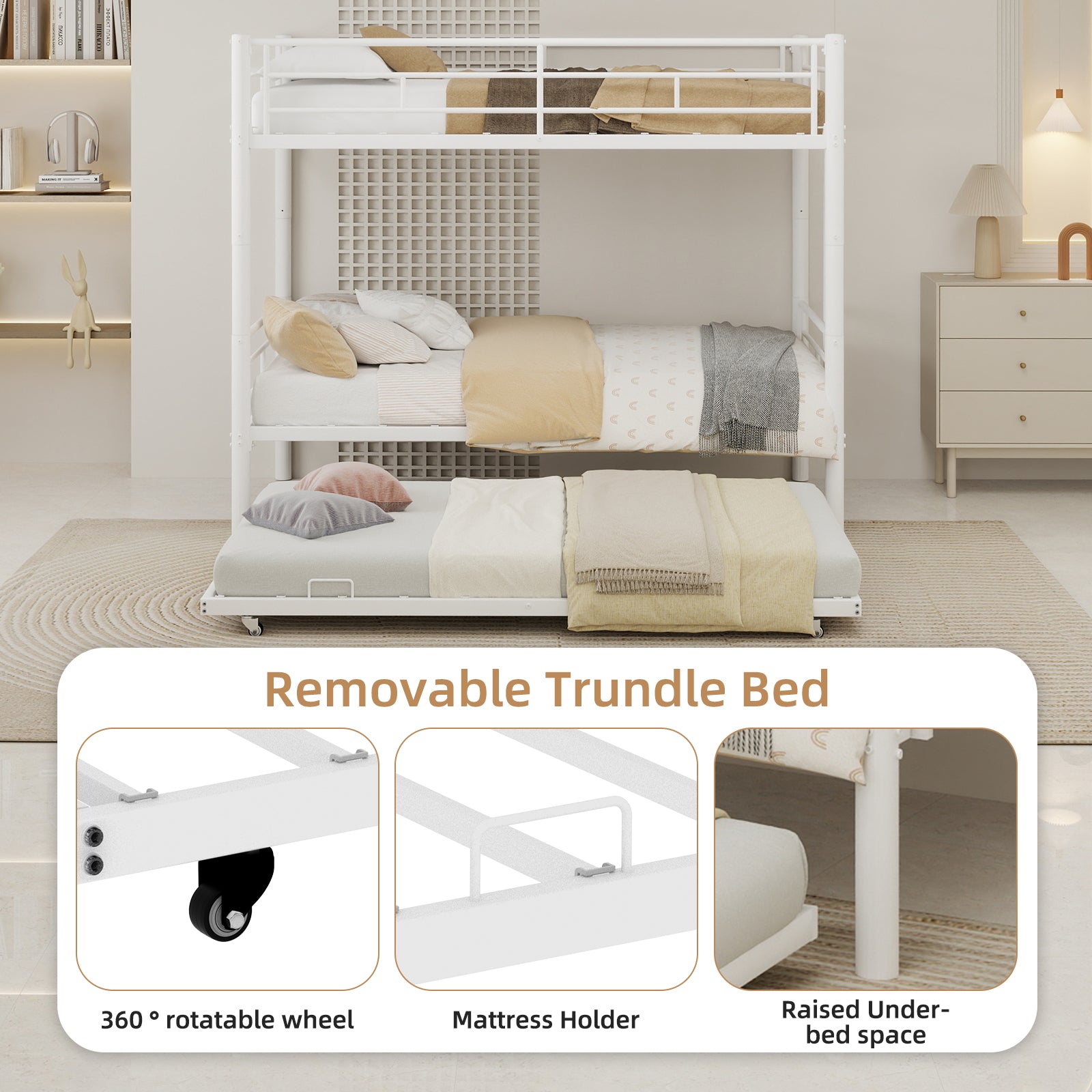 Twin over Twin Bunk Bed, Convertible Trundle Bunk Bed Frame, With Flat Ladder & Safety Guardrail, Noise Reduced/No Box Spring Needed,for Dormitory, Bedroom, Guest Room, Apartment,white.