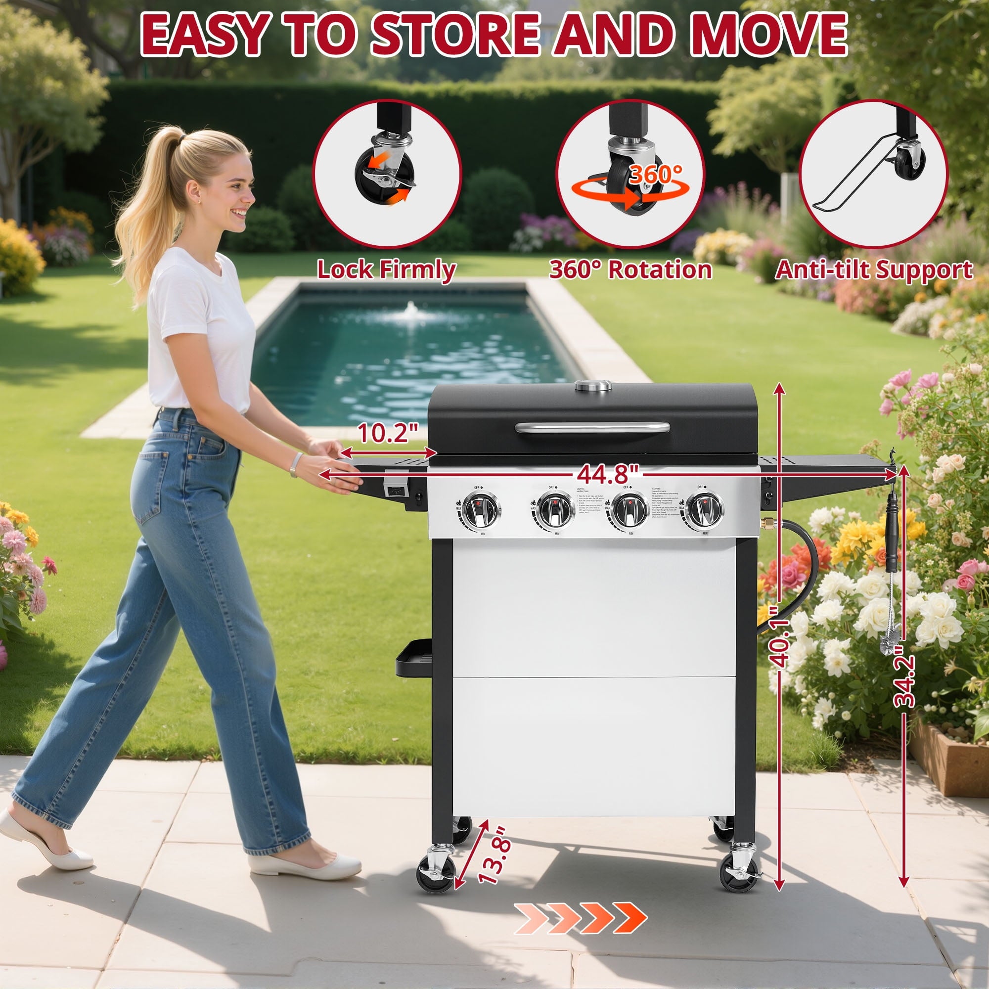 Enyopro Gas Grill, 4-Burner Propane BBQ Grill, 40,00BTU Output With Wire Enamel Cooking Grids For Outdoor Barbecue, Foldable Side Table, Hanging Basket, Stainless Steel