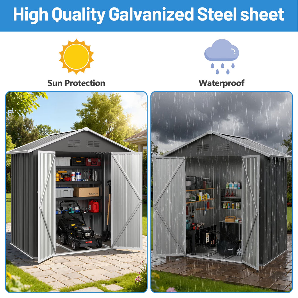 6' x 4' Outdoor Storage Shed with Base, ENYOPRO Galvanized Metal Garden Tool Shed with Lockable Double Doors, Sloped Roof & Vent for Backyard Patio Lawn, Gray
