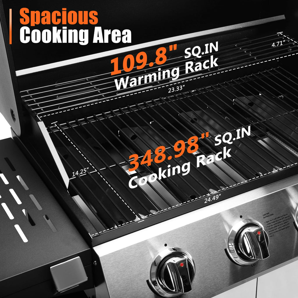 Enyopro 4 Burner Propane Gas Grill, 40,000BTU Stainless Steel BBQ Grill with Brush, Built-in Thermometer, 4 Universal Wheels for Outdoor Cooking Patio Backyard