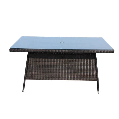 Outdoor Patio Dining Table 63" x 39.4" Rectangular Aluminum Outdoor Clear Glass Dining Table, seats 6, brown