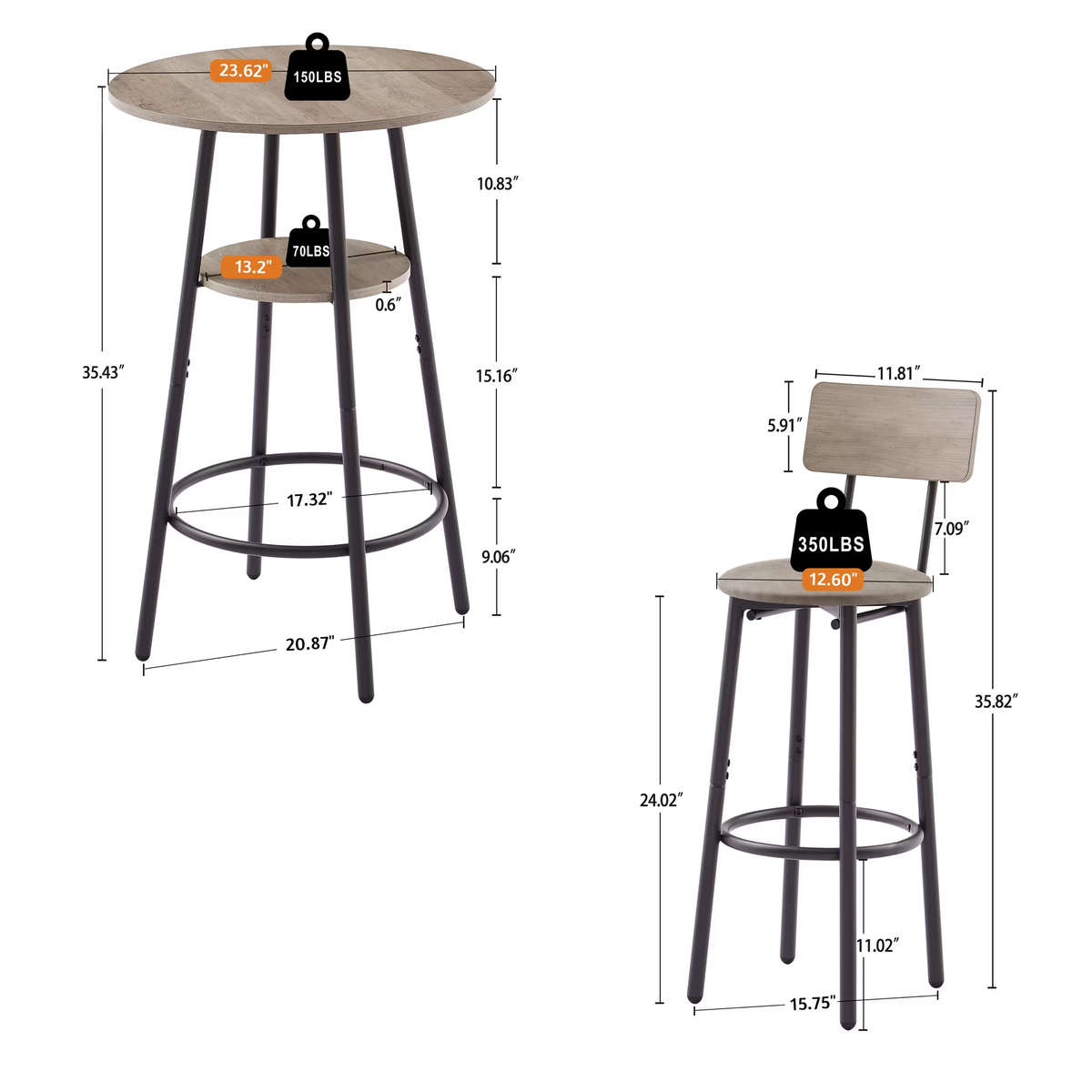 Kitchen Bar Table Set, 3-Piece Bar Table Set for Kitchen, Round Dining Room Set with 2 Upholstered Chairs, Gray Table and Chairs Dining Set for Pub Bistro Restaurant