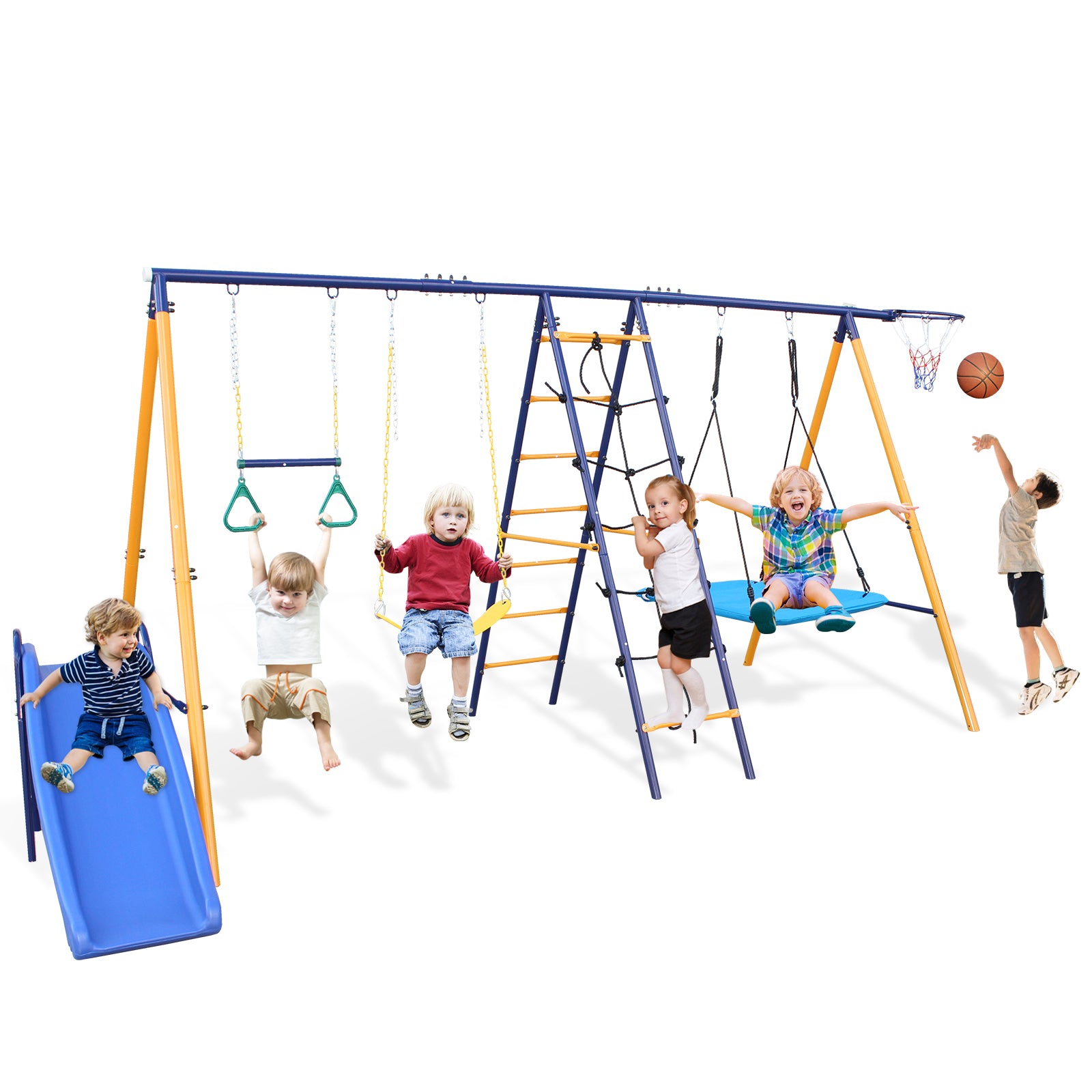 7 in 1 Swing Sets for Outside, Enyopro Swing Set with Climbing Net/ladder, Hammock Swing, Glider, Belt Swing and Basketball Rim, Outdoor Playground Playset for 3+ Kids