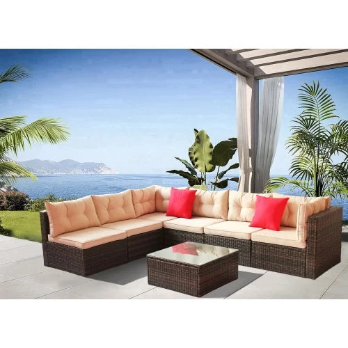 ENYOPRO 7-Piece Outdoor Patio and Garden Set, Modular Outdoor Casual Set with Coffee Glass Table and Cushions, Suitable for Patios, Gardens, Backyards, and Poolside (Light Brown)