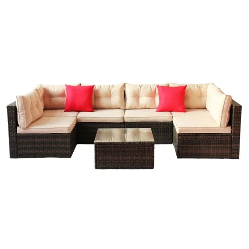 ENYOPRO 7-Piece Outdoor Patio and Garden Set, Modular Outdoor Casual Set with Coffee Glass Table and Cushions, Suitable for Patios, Gardens, Backyards, and Poolside (Light Brown)