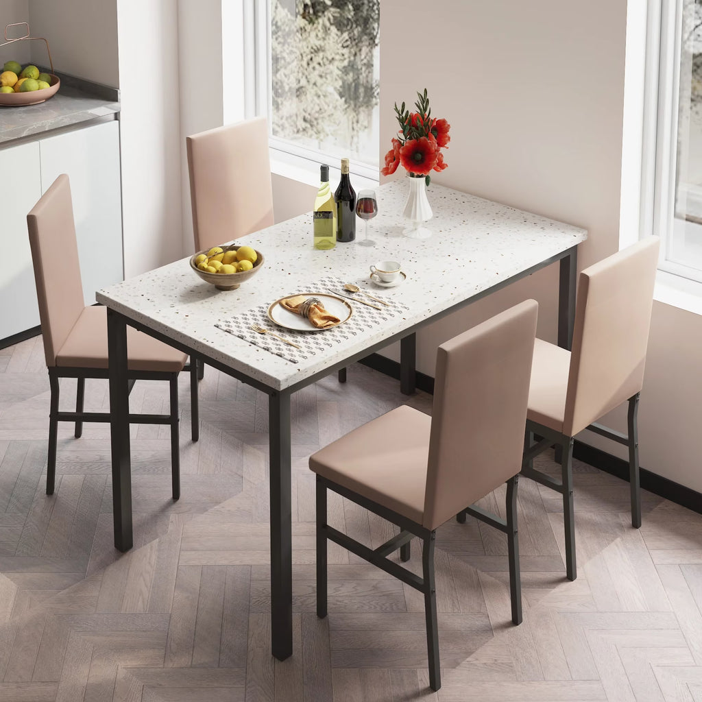 Dining Table Set for 4, Kitchen Table Set with 4 PU Upholstery Chairs, Modern Faux Marble Top Finish Dining Set for Bar, Breakfast Nook, khaki
