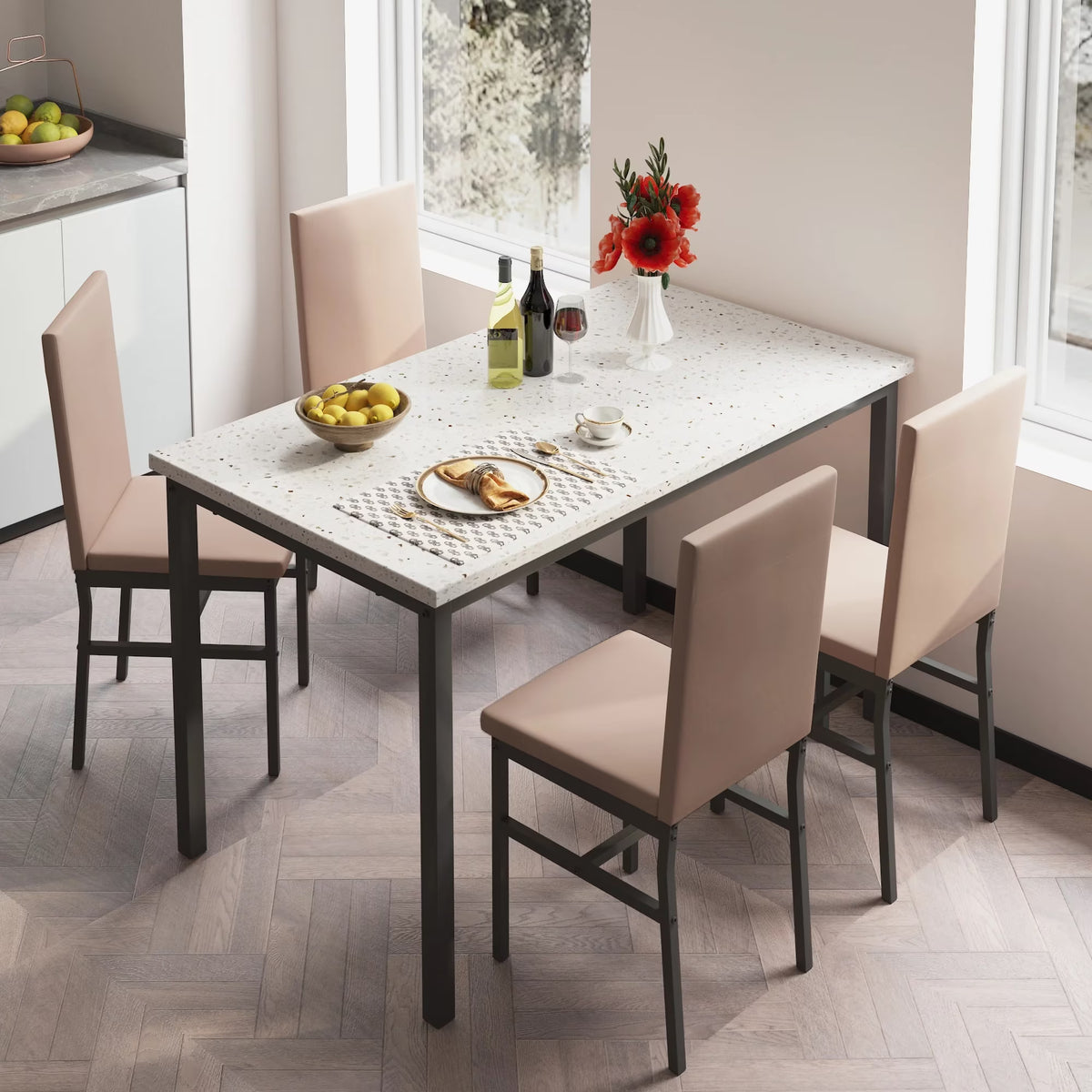 Dining Table Set for 4, Kitchen Table Set with 4 PU Upholstery Chairs, Modern Faux Marble Top Finish Dining Set for Bar, Breakfast Nook, khaki