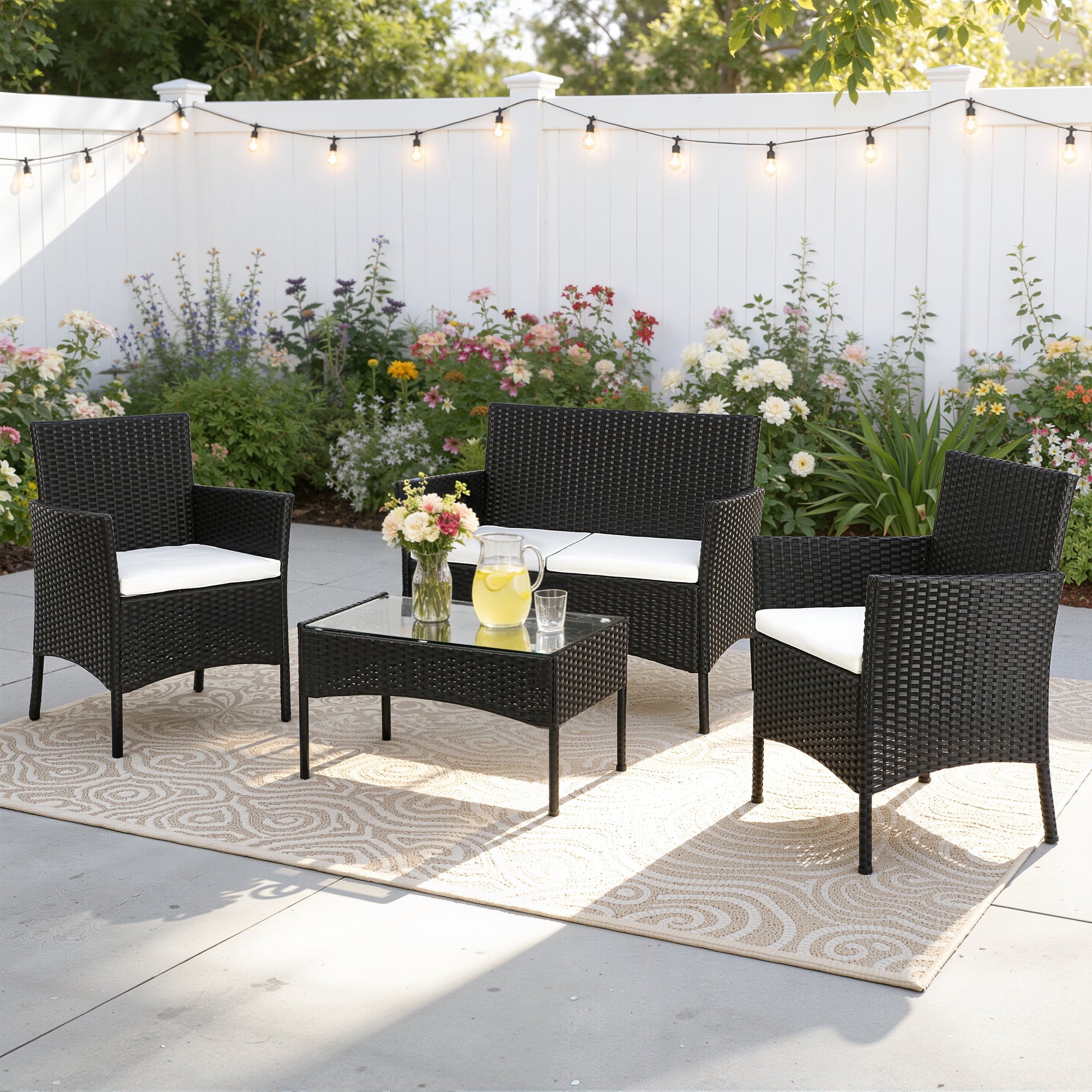 Enyopro 4-Piece Patio Furniture Set, with 2 Arm Chairs, Love Seat & Tempered Glass Coffee Table, Rattan Outdoor Conversation Chair Sets for Patio Porch Deck Balcony, Black