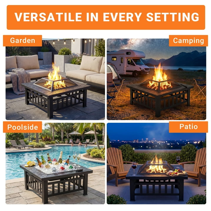 Enyopro 32" Outdoor Fire Pits, Smokeless Metal Fire Pit for Outside with Poker, Mesh Lid, Fire Grate, Fire Bowl for Patio, Backyard, and Camping