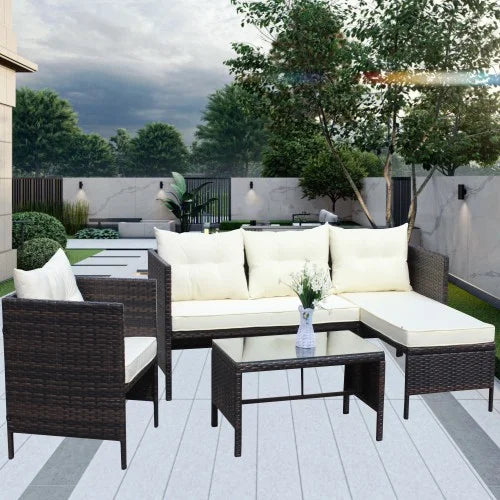 ENYOPRO 4-Piece Outdoor Patio Living Set, PE Rattan Modular All-Weather Lounge Set with Glass Table, Suitable for Patios, Gardens, Backyards, and Poolside (Off-White Cushions)