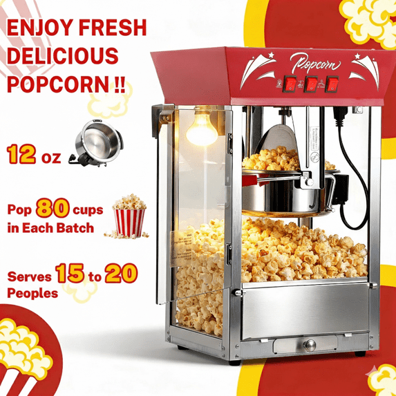 Commercial Popcorn Maker Machine, Enyopro 12oz Kettle Stainless Steel Popcorn Machine with Tempered Glass, Warming Deck, 850W Countertop Popcorn Popper for Movie Theatre, Parties