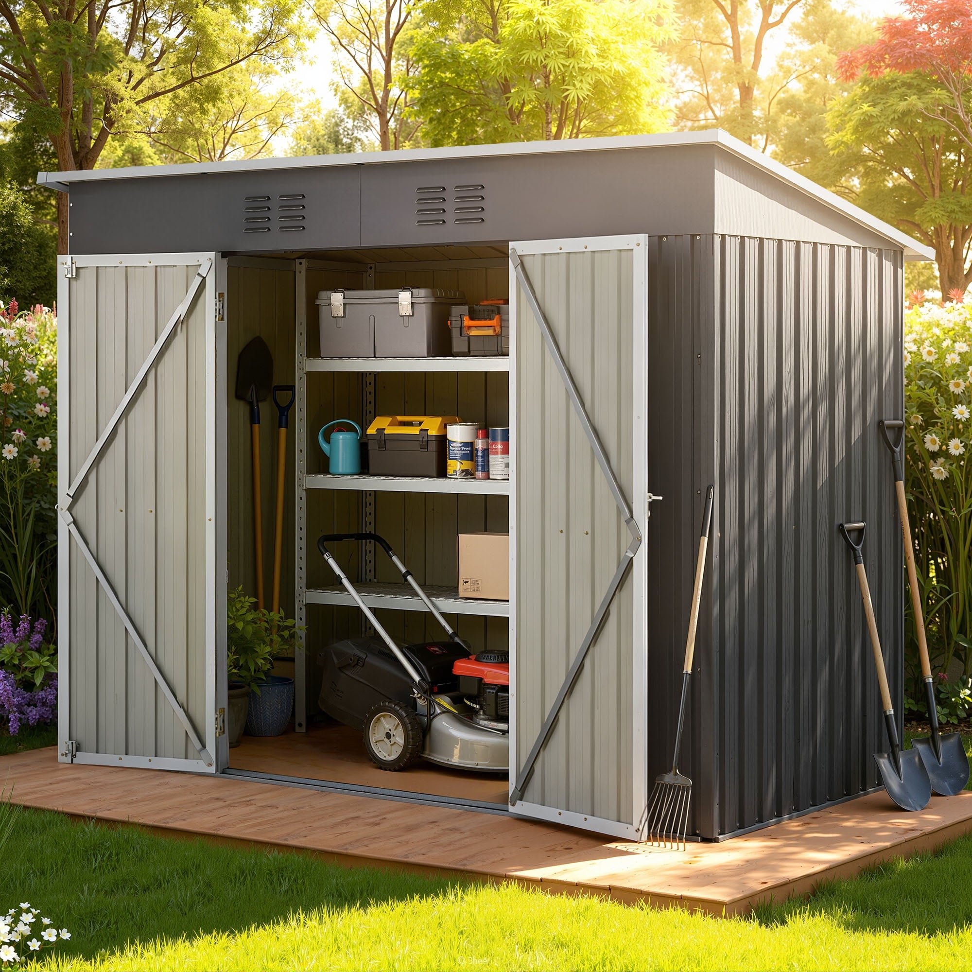 ENYOPRO 8' x 4' Outdoor Storage Shed, Galvanized Metal Garden Tool Shed with Lockable Double Doors, Sloped Roof & Vent for Bikes, Lawn Mower & Garden Tools, Gray
