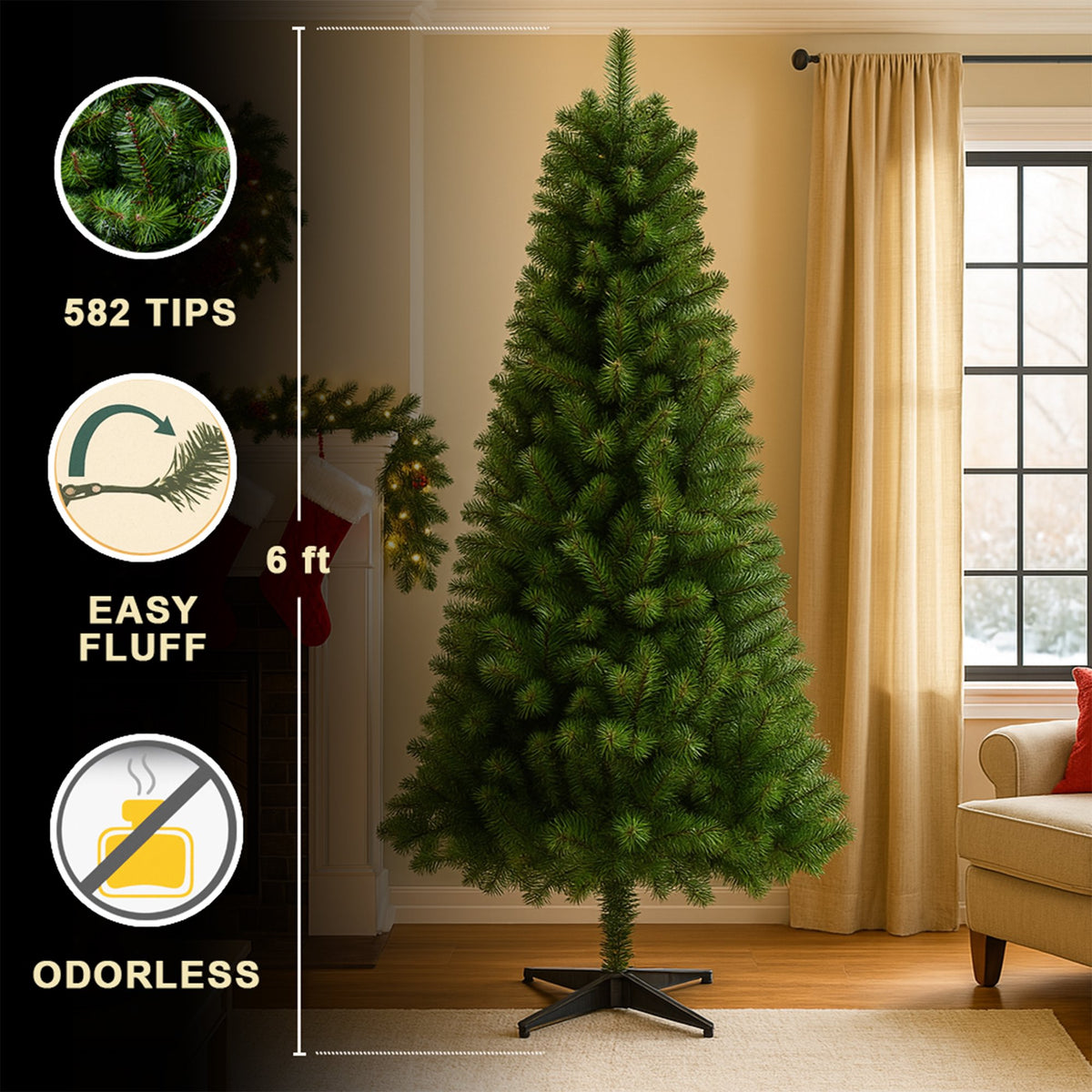 6ft Slim Christmas Tree, Pencil Artificial Christmas Tree with 582 Branch Tips and Metal Stand, Green Xmas Trees for Indoor Outdoor Home Holiday Decoration