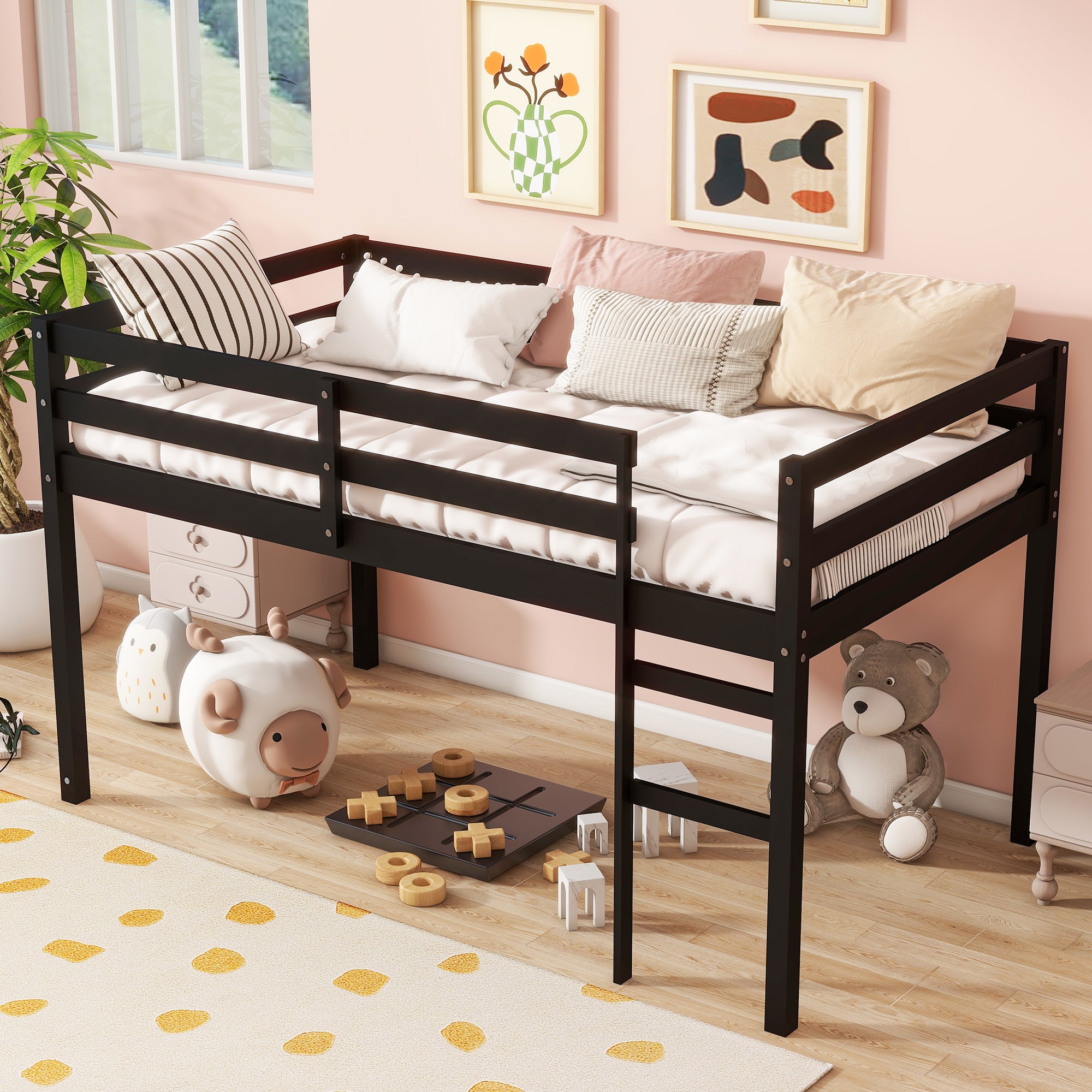 PAPROOS Twin Loft Bed with Ladder, Low Height Solid Wood Loft Bed Frame, Loft Bed with Guardrails and Storage Space Underneath, No Box Spring Needed, Pink