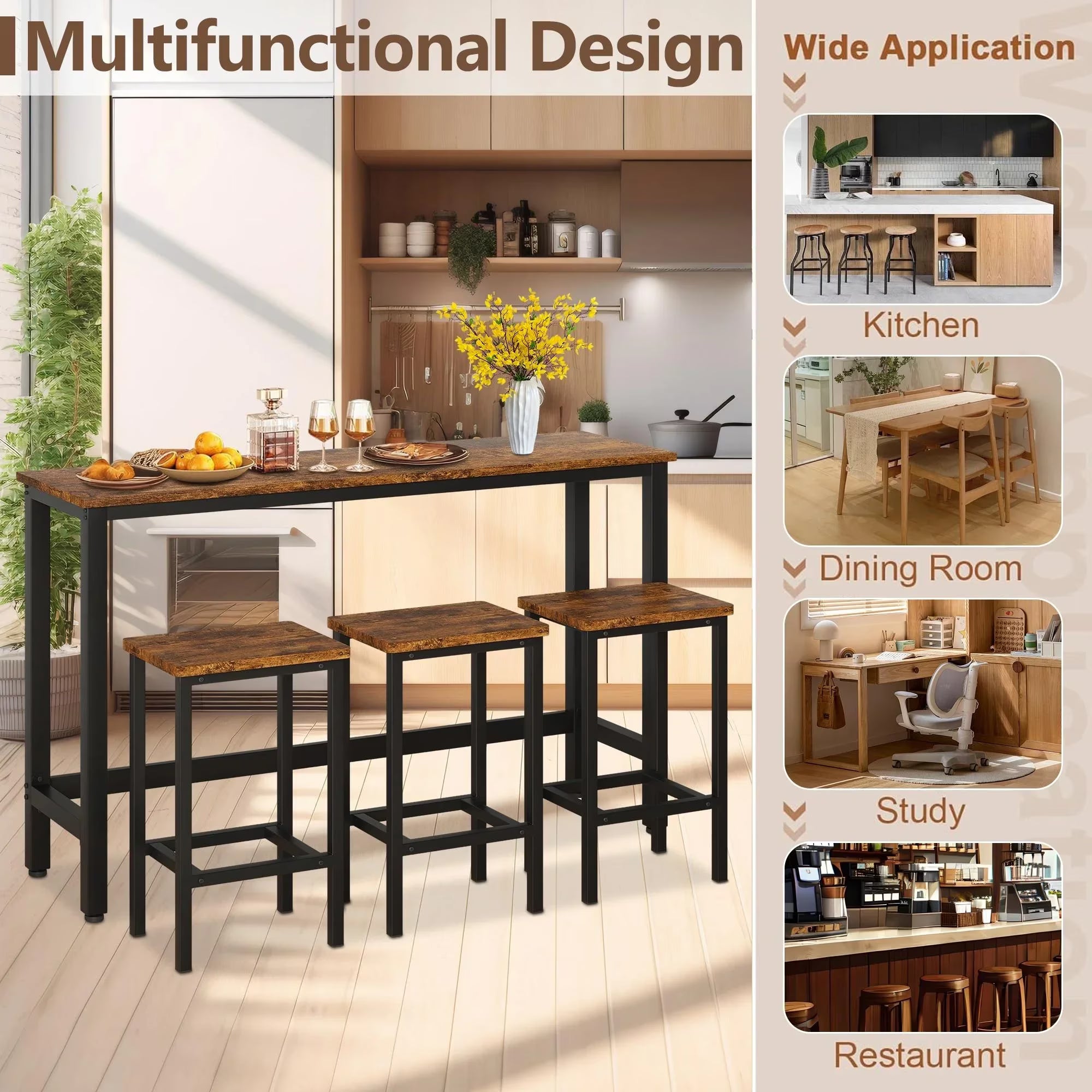 Enyopro Bar Table and Stools, Modern Dining Table Set with 3 Stools, Woode Extra Long Pub Table and Chairs, Saving Space for Kitchen, Patio Restnaurant Bistro, Brown