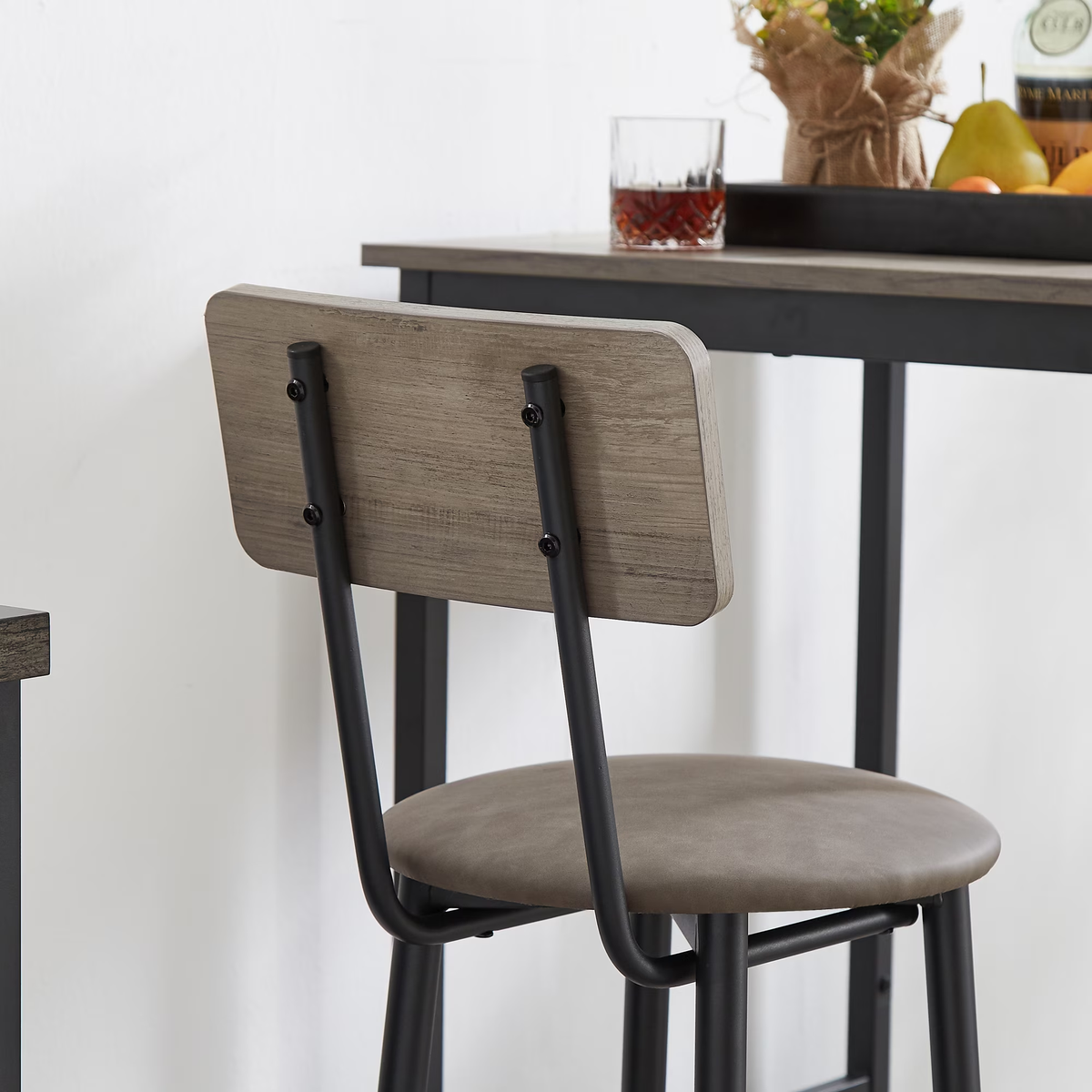 Kitchen Bar Table Set, 3-Piece Bar Table Set for Kitchen, Round Dining Room Set with 2 Upholstered Chairs, Gray Table and Chairs Dining Set for Pub Bistro Restaurant