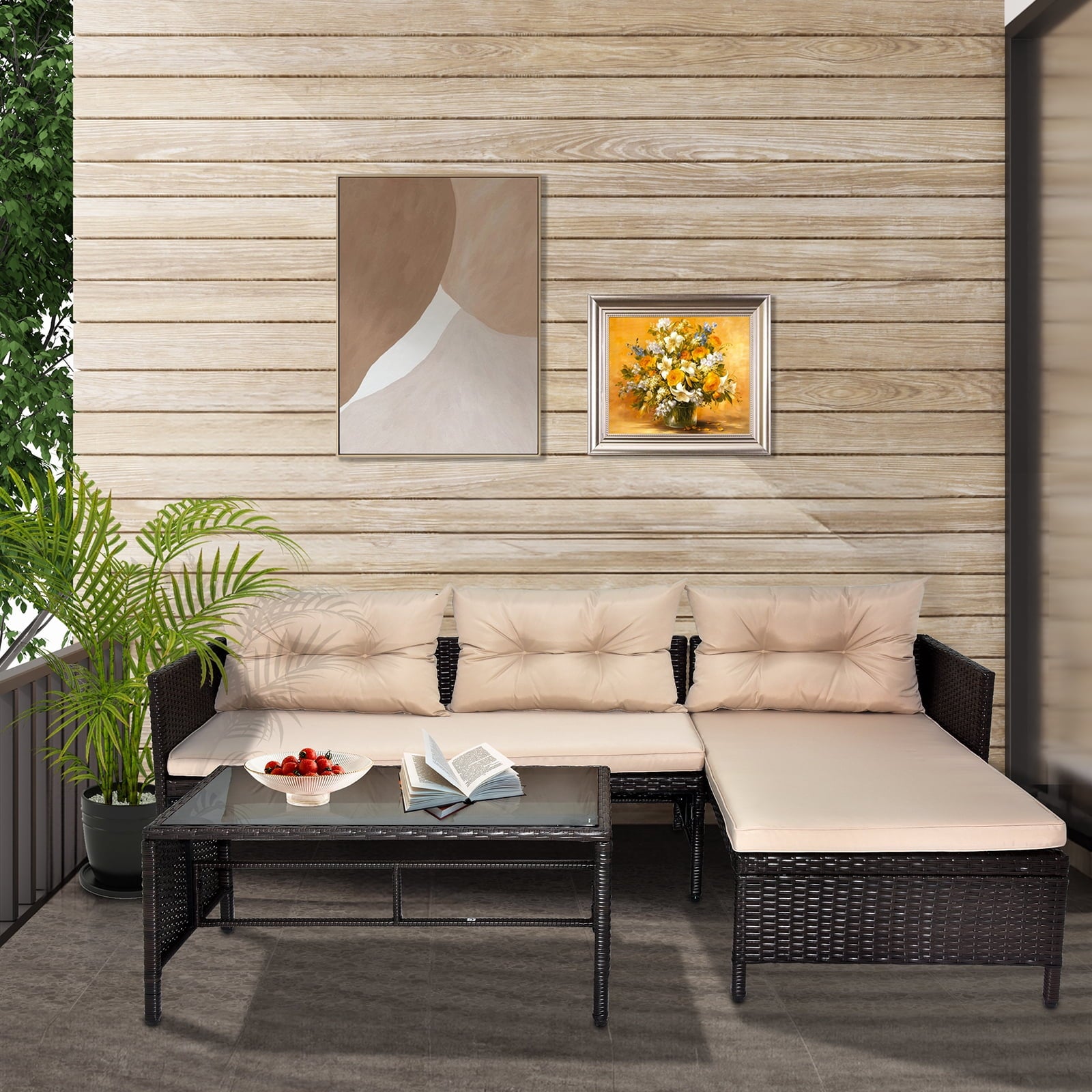 3 PCS Patio Sectional Sofa Conversation Set, All Weather Rattan Patio Furniture Set, Brown Outdoor Chaise Lounge Set with Cushion and Table, Deck Backyard Porch Furniture