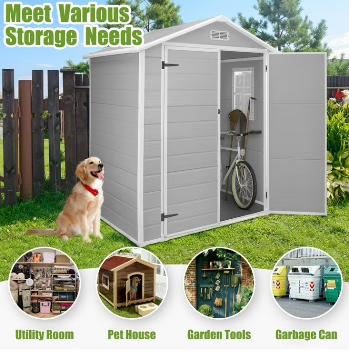 6×4.4ft Storage Shed, Enyopro Resin Sheds with Floor, All-Weather Large Tool Plastic shed with Double Lockable Door, Bike Storage Resin Shed with Window for Garden, Lawn, Patio