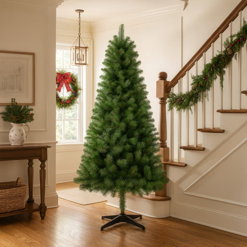 6ft Slim Christmas Tree, Pencil Artificial Christmas Tree with 582 Branch Tips and Metal Stand, Green Xmas Trees for Indoor Outdoor Home Holiday Decoration