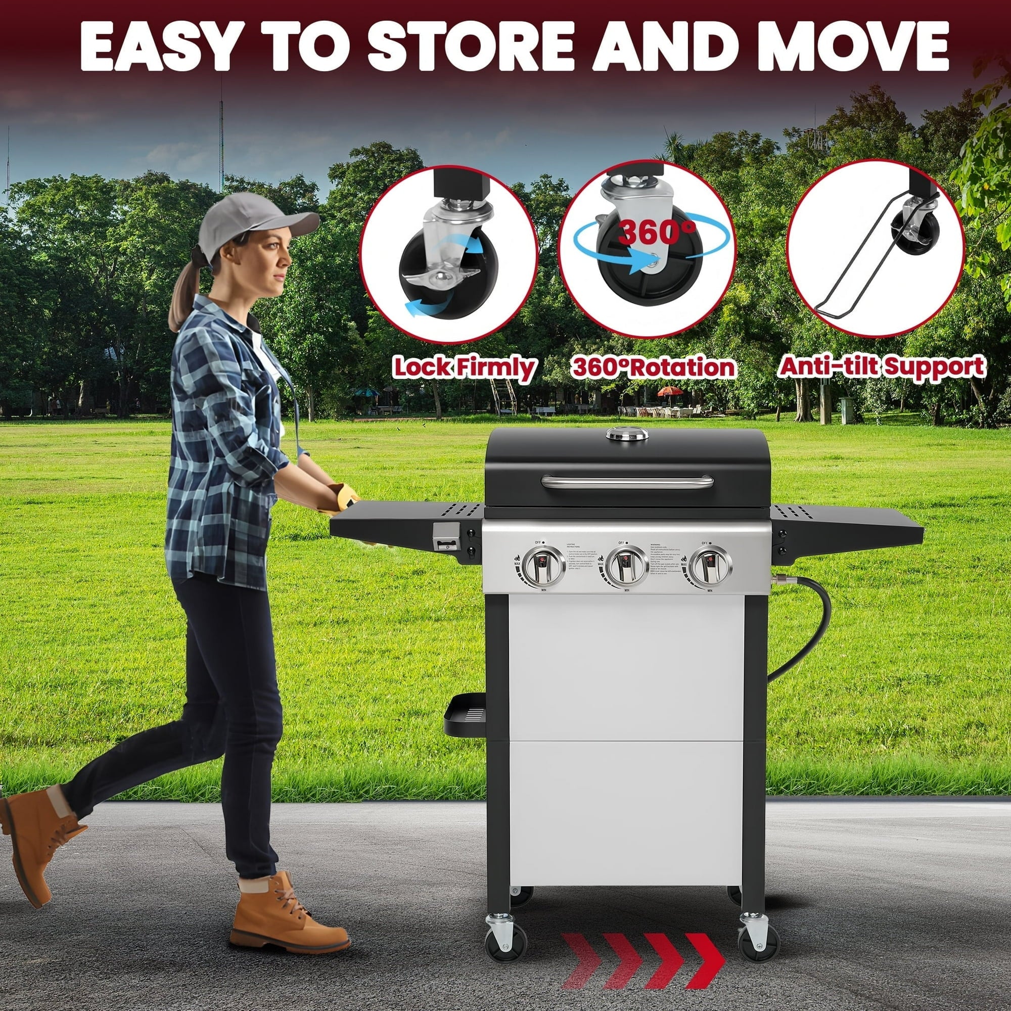 Enyopro 3 Burner Propane Gas Grill, 30,000BTU Stainless Steel Barbecue Grill with Foldable Side Table, Built-in Thermometer, Hanging Basket for Outdoor BBQ Camping Grill