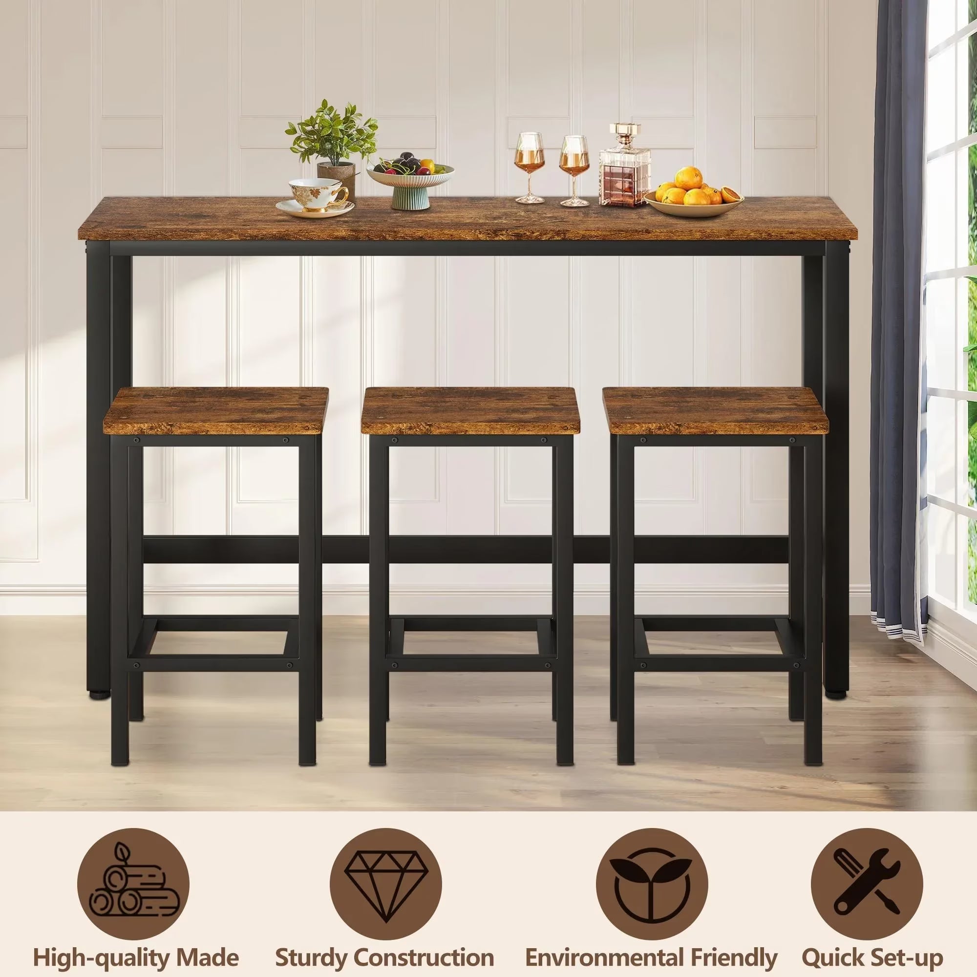 Enyopro Bar Table and Stools, Modern Dining Table Set with 3 Stools, Woode Extra Long Pub Table and Chairs, Saving Space for Kitchen, Patio Restnaurant Bistro, Brown