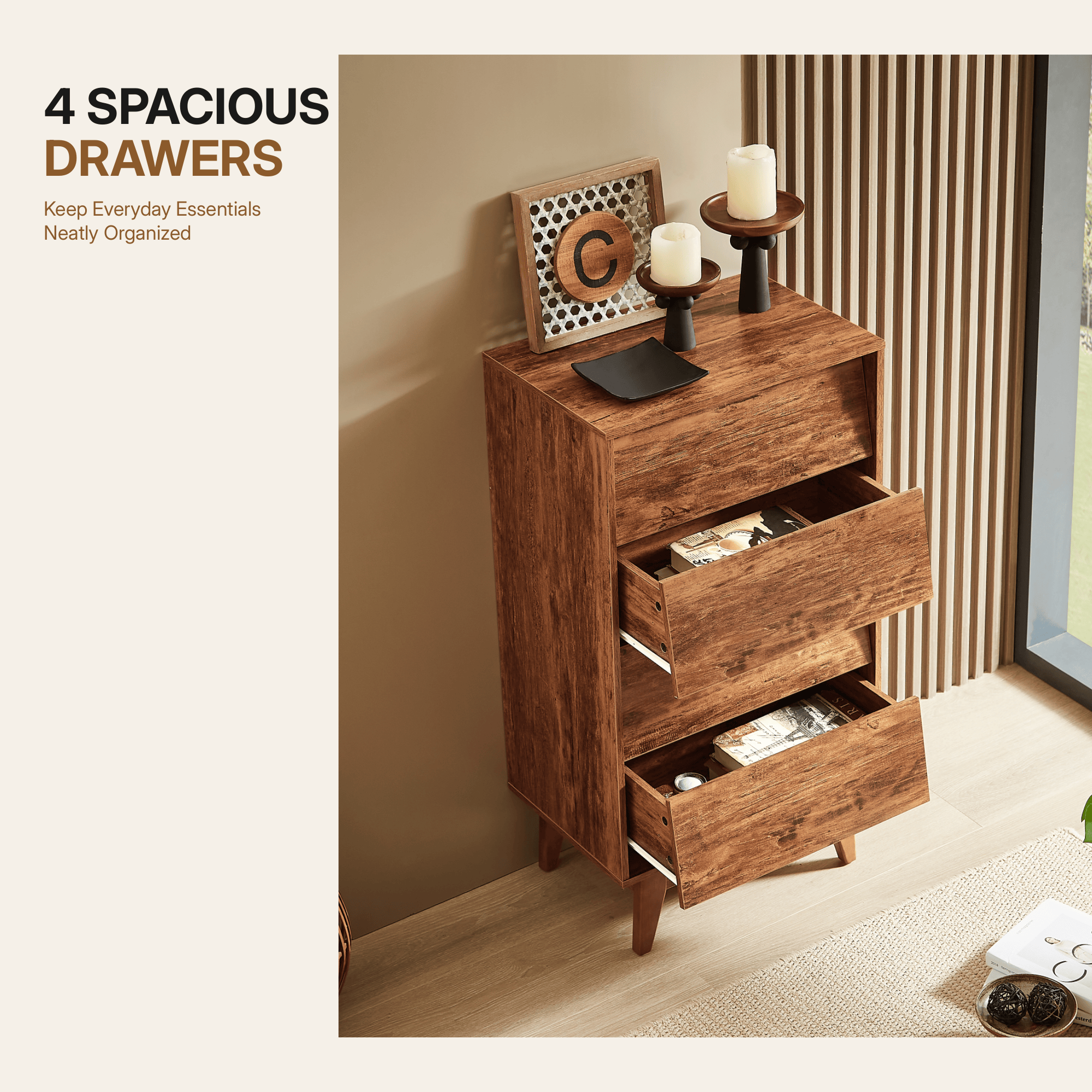 Enyopro Dresser for Bedroom, 4 Drawer Dresser Storage Drawer, Bevel Design Closets Drawer Chest for Living Room Hallway