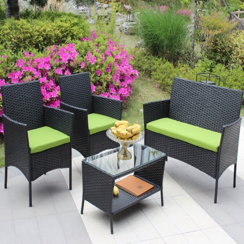 ENYOPRO 4-Piece PE Rattan Patio Conferencing Set, UV-Resistant Outdoor Patio Garden Upholstered Sofa Set with Glass Table (Green Cushions)