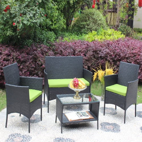 ENYOPRO 4-Piece PE Rattan Patio Conferencing Set, UV-Resistant Outdoor Patio Garden Upholstered Sofa Set with Glass Table (Green Cushions)