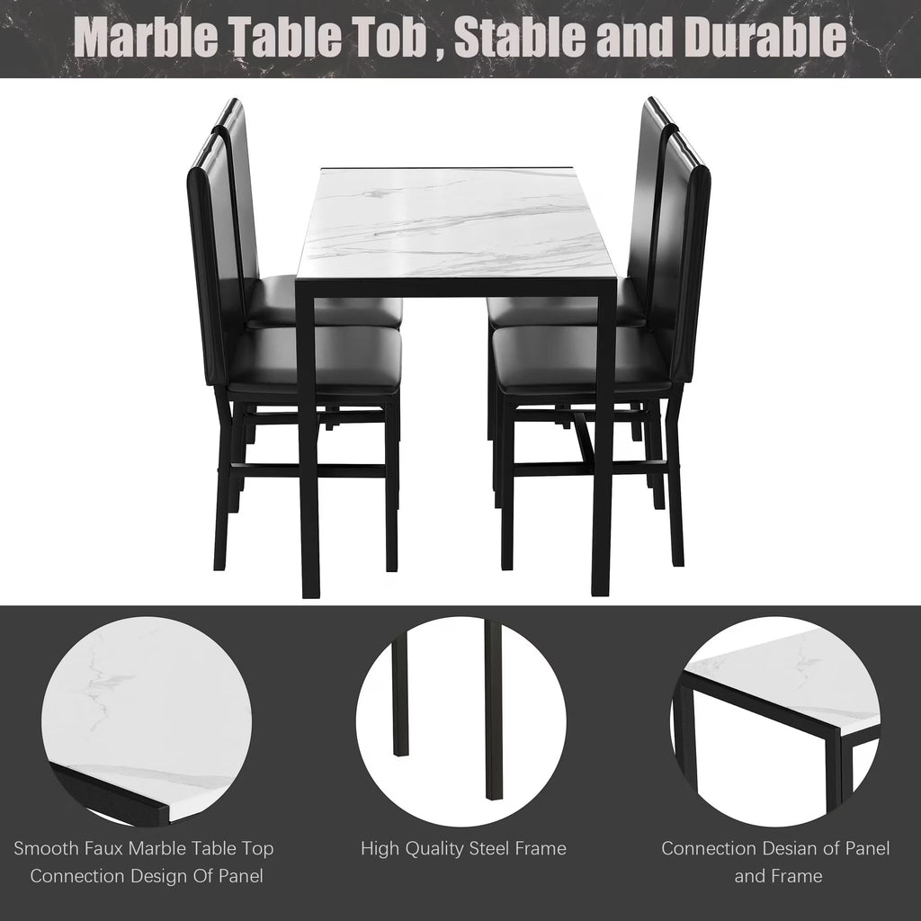 Dining Room Table Set for 4, Kitchen Table Set with 4 Upholstery Chairs, Modern Faux Marble Top Finish Dining Set for Bar, Breakfast Nook, Black