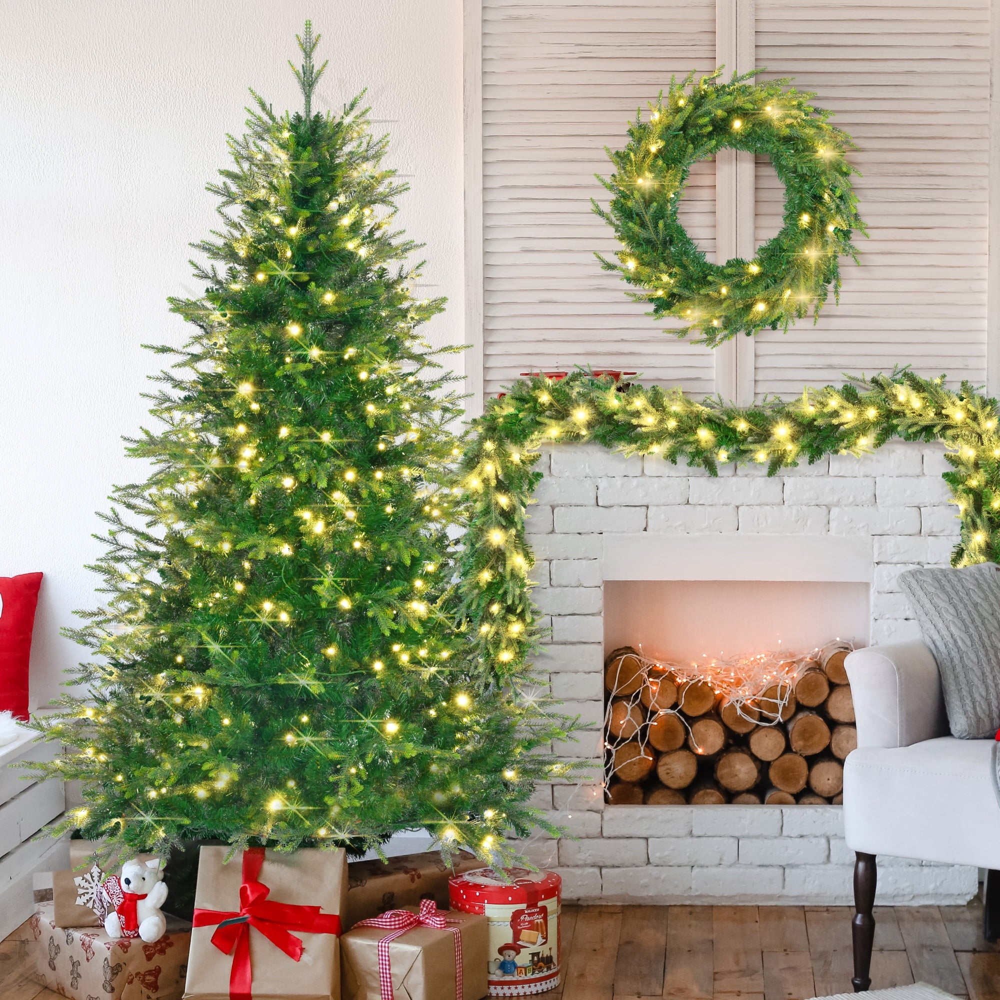 Enyopro Christmas Tree, 6FT Pre-Lit Aspen Fir Artificial Christmas Tree Set with Wreath & Garland, Multi-Color LED Lights, 11 Lighting Modes & PE Branch Tips, for Indoor Holiday Décor