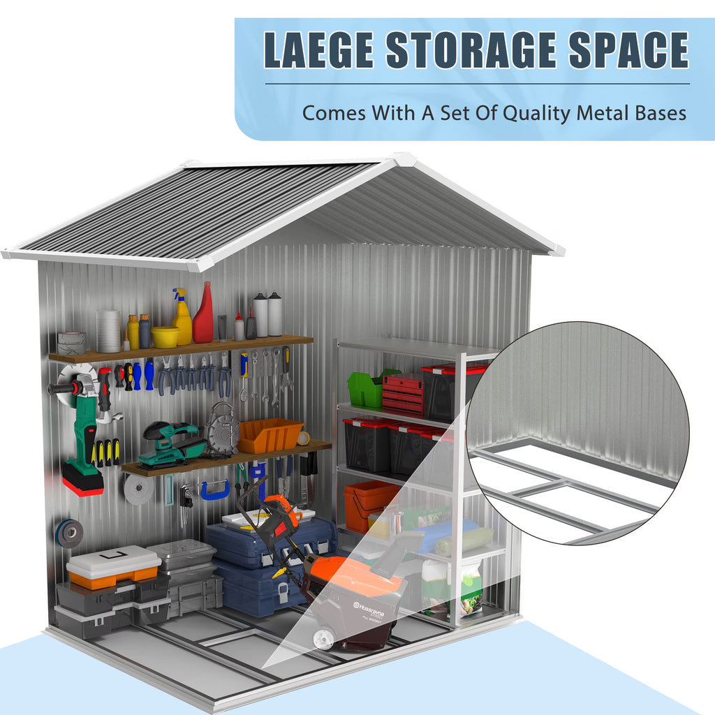 6' x 4' Outdoor Storage Shed with Base, ENYOPRO Galvanized Metal Garden Tool Shed with Lockable Double Doors, Sloped Roof & Vent for Backyard Patio Lawn, Gray