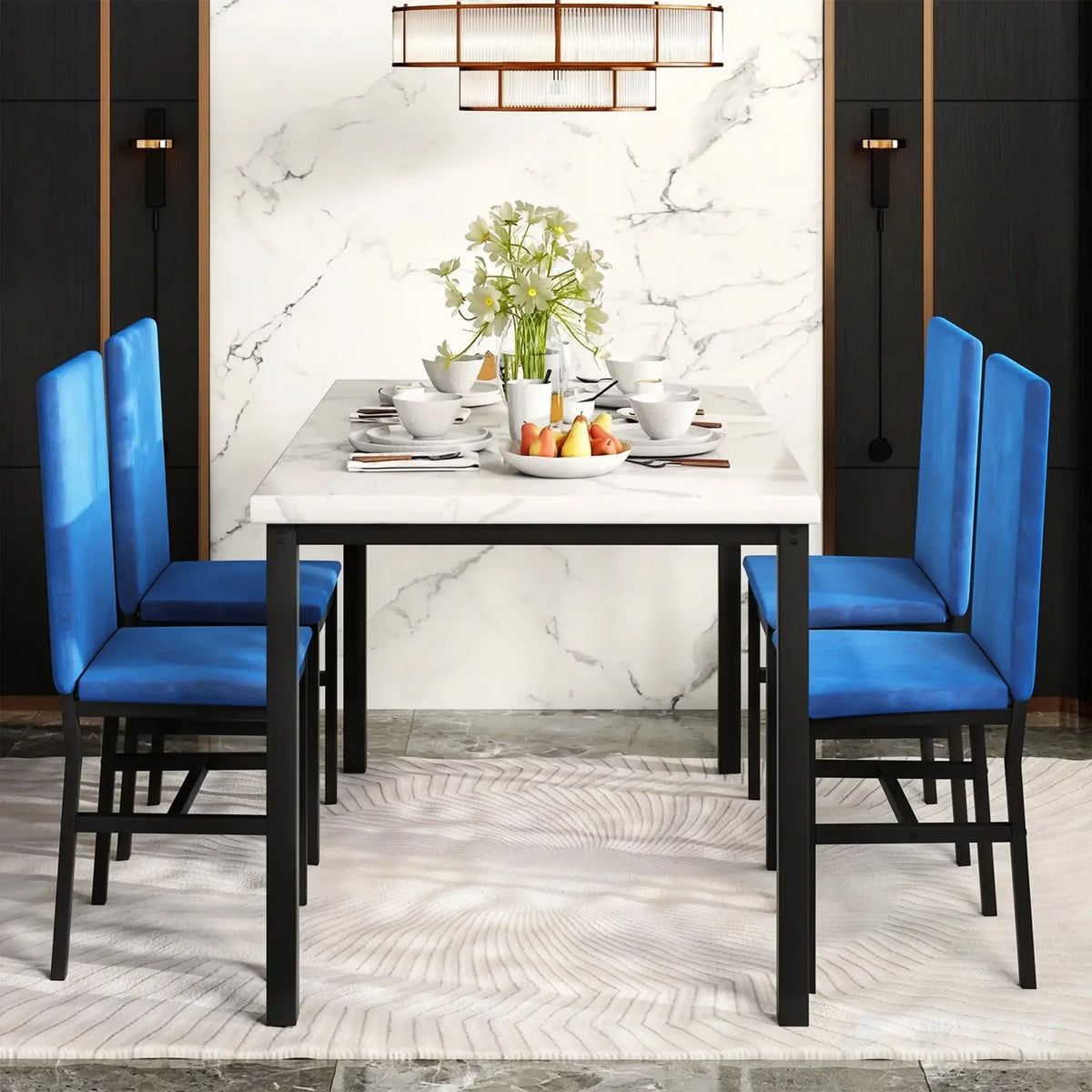 Dining Table Set for 4, Modern Marble Dine Table with 4 Velvet Chairs, Modern Kitchen Table Set for Home, Breakfast Nook, Cafeteria Dining Room, DarkBlue