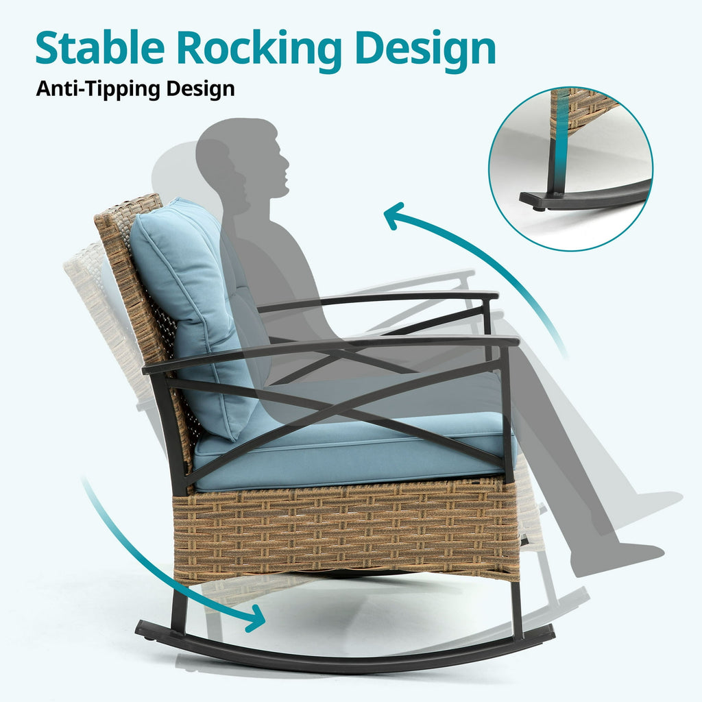 Enyopro 3 Pieces Wicker Rocking Chairs, Outdoor Patio Furniture Sets, Modern Conversation Set with Cushion and Dual-Layer Coffee Table, 300LBS Weight Capacity, Blue