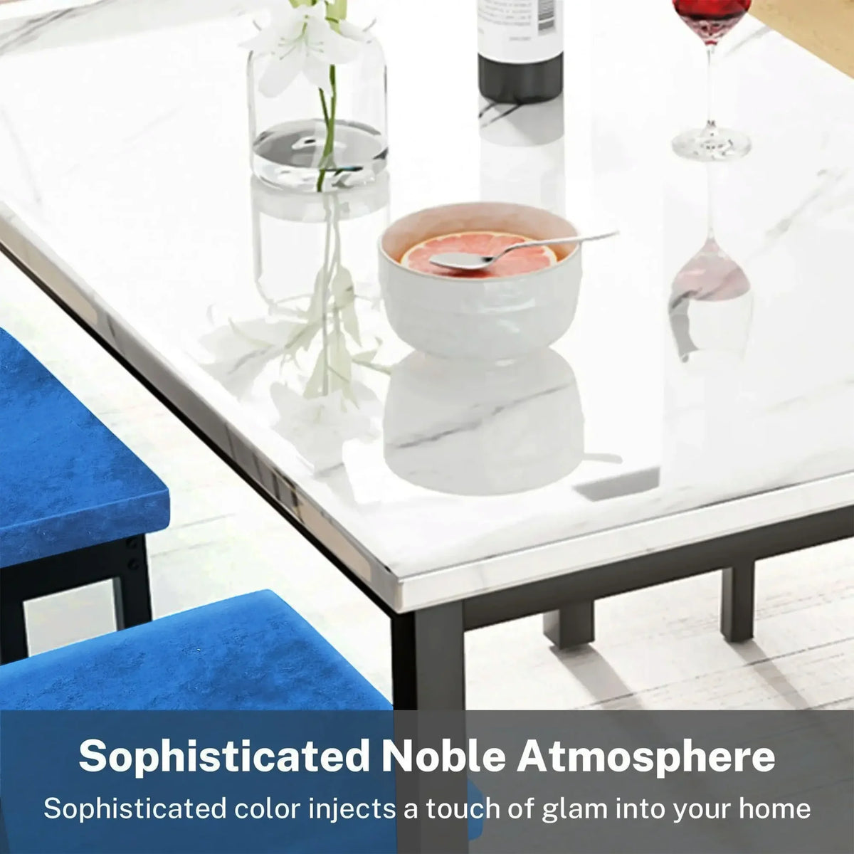 Dining Table Set for 4, Modern Marble Dine Table with 4 Velvet Chairs, Modern Kitchen Table Set for Home, Breakfast Nook, Cafeteria Dining Room, DarkBlue
