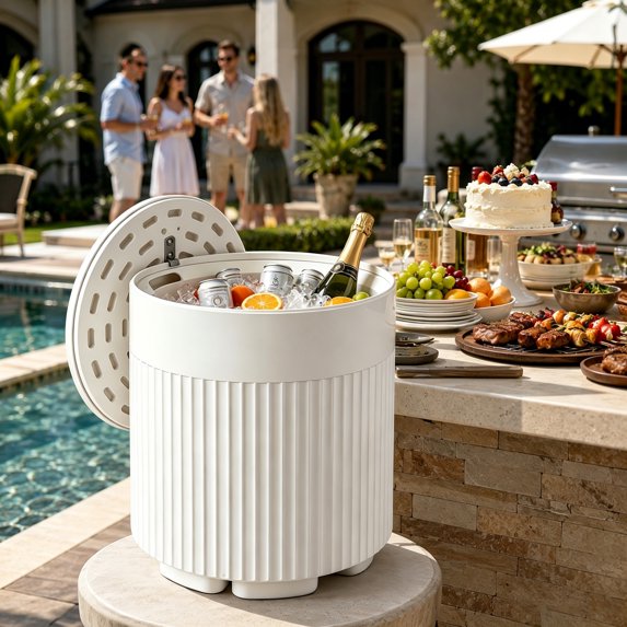 Enyopro 3-in-1 Outdoor Cooler Side Table, 10Gal HDPE Insulated Patio Table with Storage for use as Party, Patio Decor for Deck Poolside Garden, White