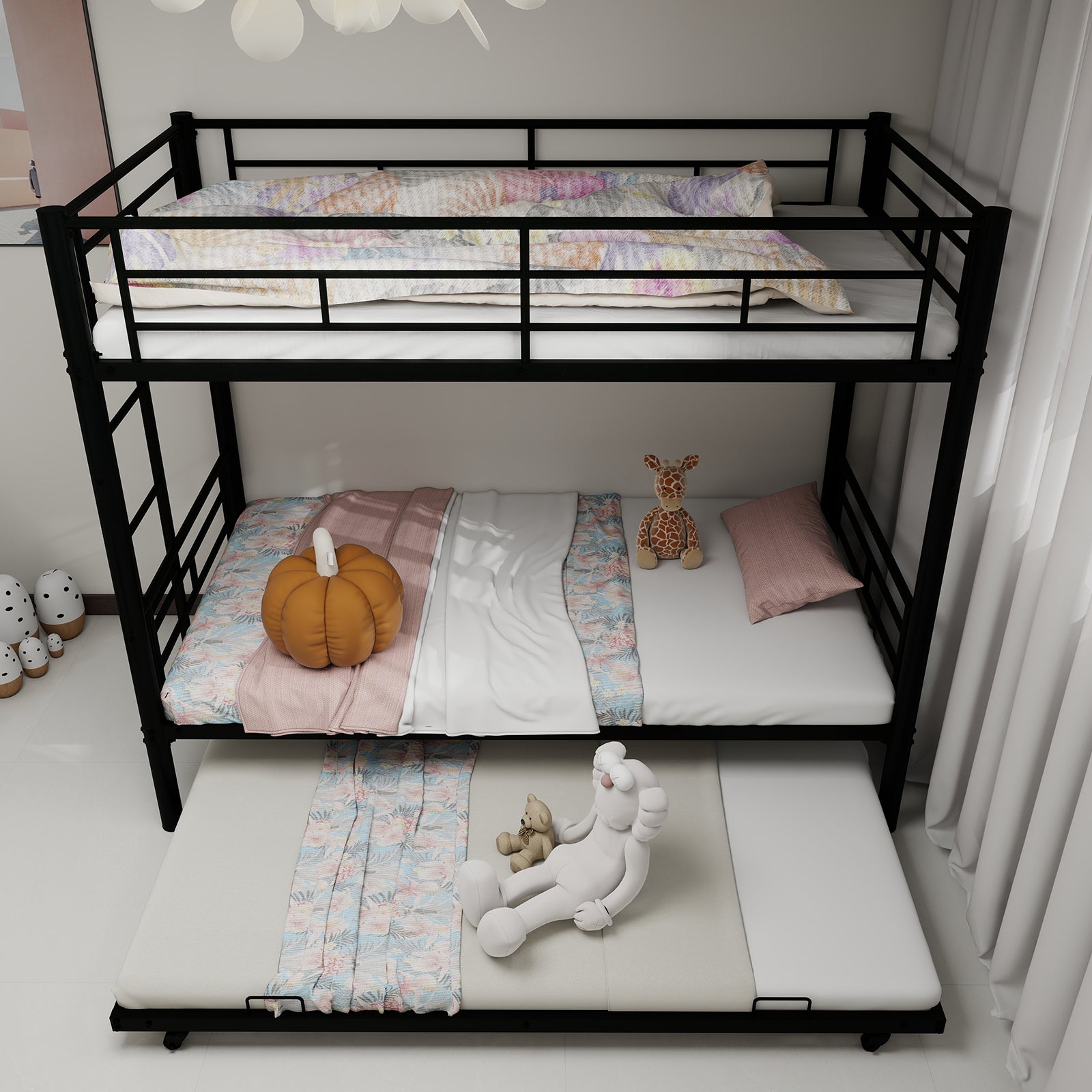 Twin over Twin Bunk Bed, Convertible Trundle Bunk Bed Frame, With Flat Ladder & Safety Guardrail, Noise Reduced/No Box Spring Needed,for Dormitory, Bedroom, Guest Room, Apartment,white.