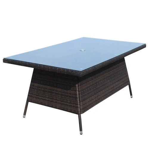 Outdoor Patio Dining Table 63" x 39.4" Rectangular Aluminum Outdoor Clear Glass Dining Table, seats 6, brown