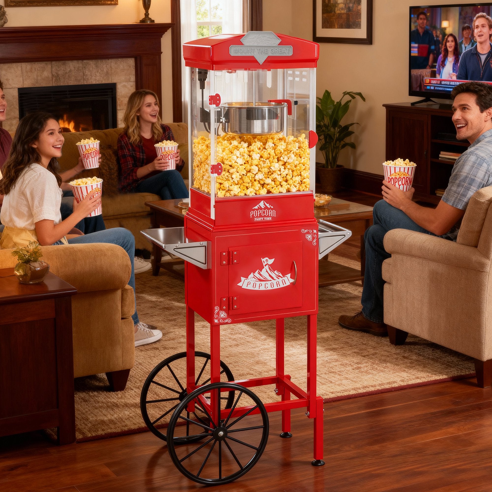 Enyopro Vintage Popcorn Maker Machine with Cart, 10 Oz Kettle, 4-5Miuntue Popping, Home Cinema and Entertainment Experience, As a Gift for Popcorn Lovers, Easy of Use and Clean, Retro Red
