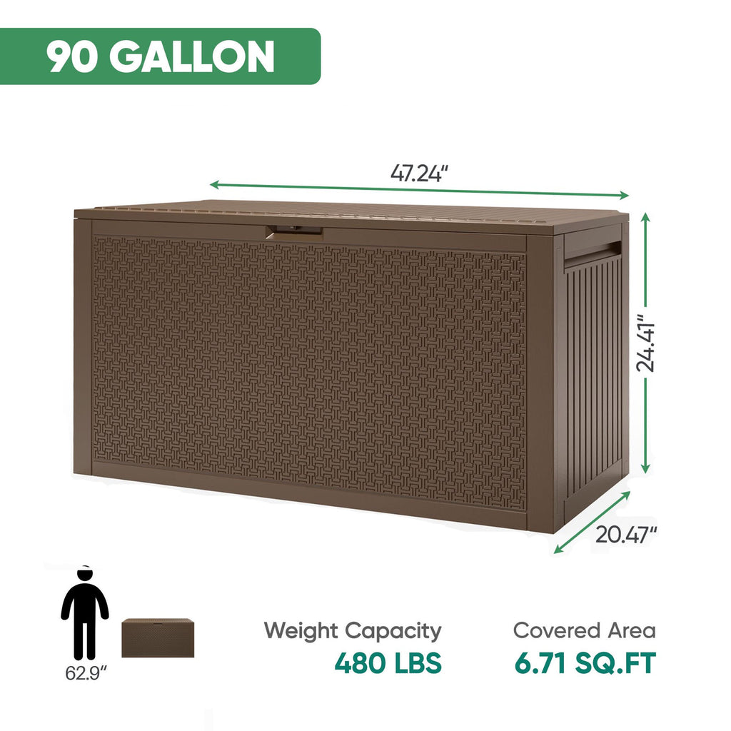 Enyopro 90 Gallon Deck Box, Organization and Storage Box for Patio Furniture Outdoor Cushions, Throw Pillows, Garden Tools and Pool Toys, Brown