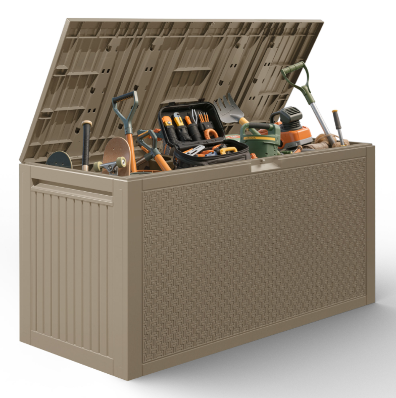 Enyopro 90 Gallon Deck Box, Organization and Storage Box for Patio Furniture Outdoor Cushions, Throw Pillows, Garden Tools and Pool Toys, Light Brown