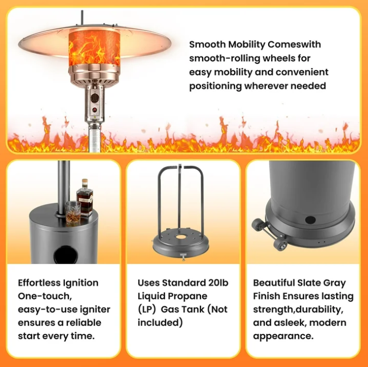 SESSLIFE Propane Patio Heater for Commercial & Residential Use, 48000BTU Outdoor Heavy Duty Heater with Wheels & Adjustable Thermostat, Sliver.