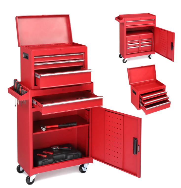 Rolling Tool Chest and Cabinet, Stainless Steel Tool Box with Brake Wheels and 4 Drawers, Red Detachable Tool Cart