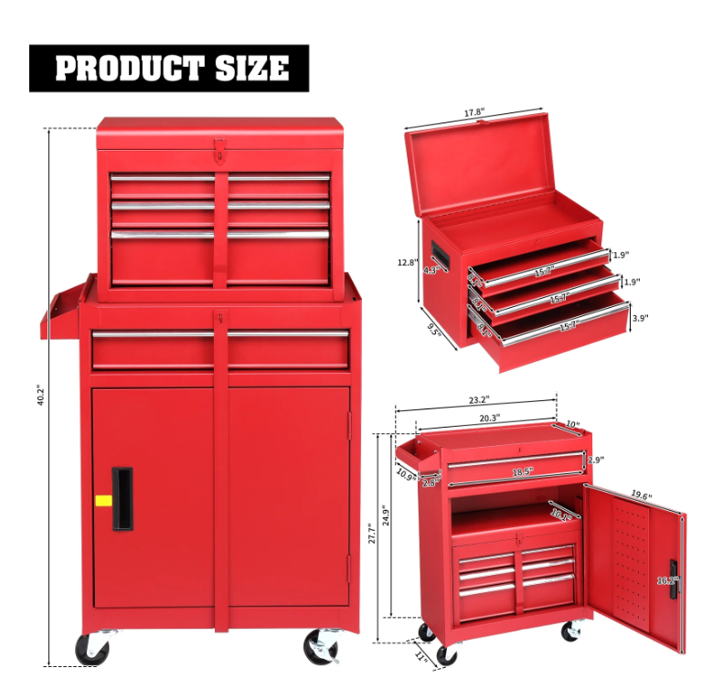Rolling Tool Chest and Cabinet, Stainless Steel Tool Box with Brake Wheels and 4 Drawers, Red Detachable Tool Cart