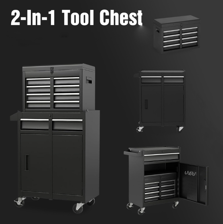 5-Drawer Rolling Tool Chest, Stainless Steel Tool Box with Brake Wheels and 4 Drawers, Black Detachable Tool Cart