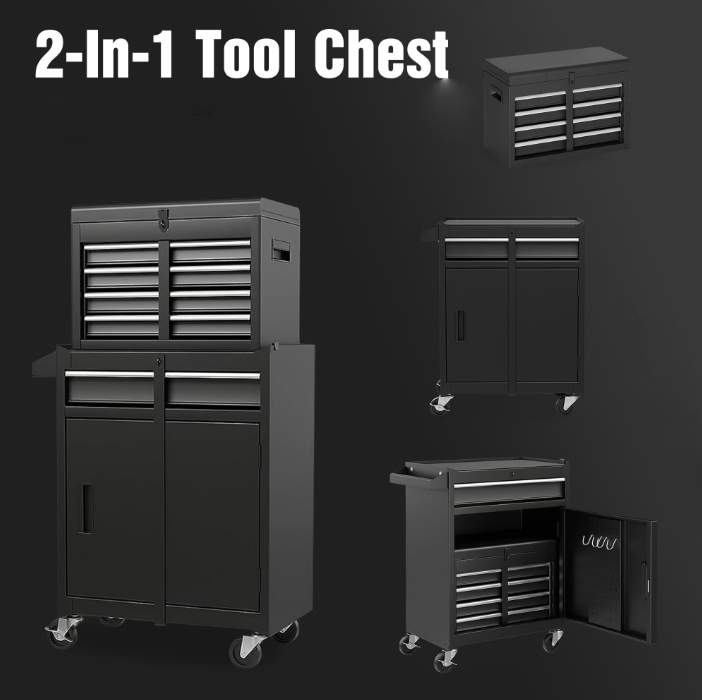 5-Drawer Rolling Tool Chest, Stainless Steel Tool Box with Brake Wheels and 4 Drawers, Black Detachable Tool Cart