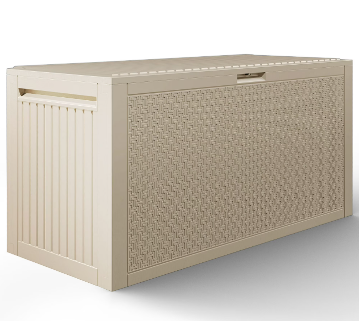 Enyopro 90 Gallon Deck Box, Organization and Storage Box for Patio Furniture Outdoor Cushions, Throw Pillows, Garden Tools and Pool Toys, Light Brown