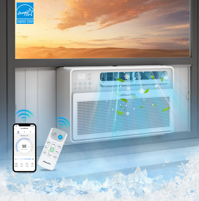 8,000 BTU Window Air Conditioner 4 Mode - Cools up to 380 Sq. Ft, 15-SEER, Energy Saving 38%, Uhomepro Air Conditioners w/ Washable Filter & Adjustable Window Fit