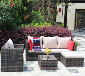 4 Pieces Patio Sofa Set, Outdoor Sectional Furniture Set, All-Weather Patio Conversation Set with Tempered Glass Table