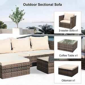 4 Pieces Patio Sofa Set, Outdoor Sectional Furniture Set, All-Weather Patio Conversation Set with Tempered Glass Table